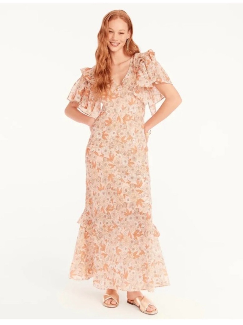 J. Crew Peach Floral Ruffle-Sleeve Maxi Dress